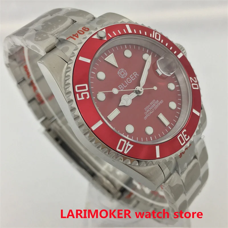 Bliger NH35A PT5000 Automatic Movement 40mm watch Red dial Red ceramic ring C3 Luminous sapphire glass Oyster Strap Men\'s watch