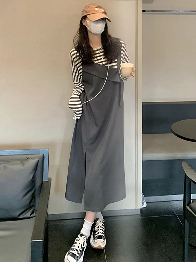 Faionable Striped Long Sve Dr And Overalls Two Piece Set Sweet College Sle High Waist Cotton Polyester mid Length S...