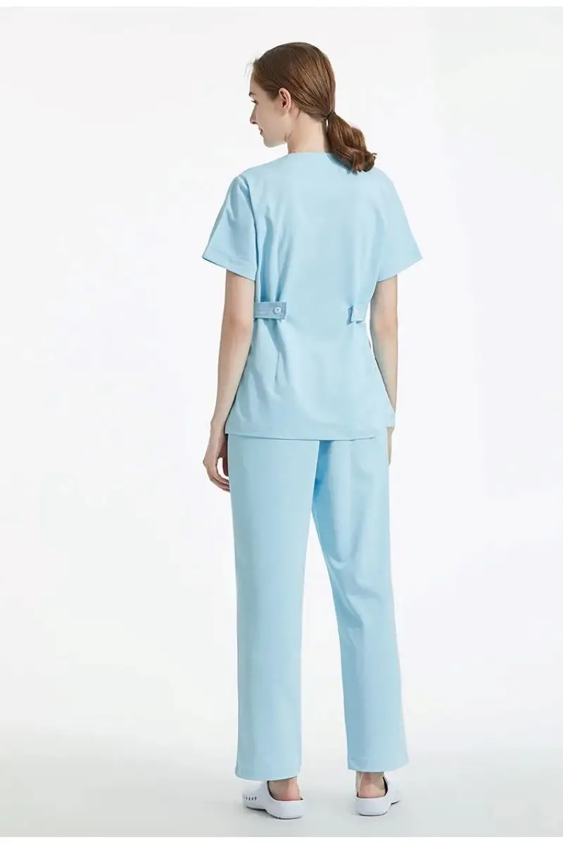 New Women's Summer Y Neck Dental Clinic Pet Shop Medical Scrub Uniforms Set Antiwrinkle Anti-Static Workingwear Waist Adjust