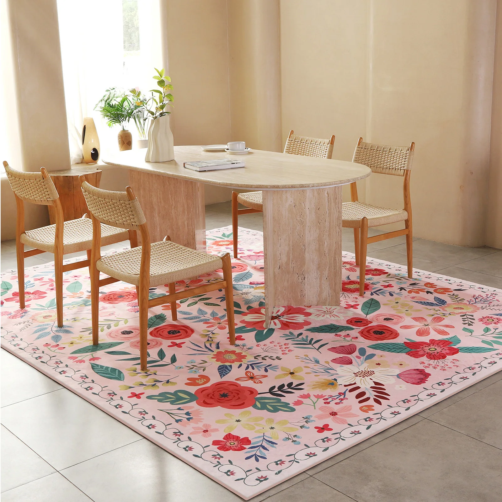 

8' X 10' Washable Rug Boho Floral Rug Non Slip Soft Carpet Low Pile Indoor Carpet for Bedroom Office Dining Room