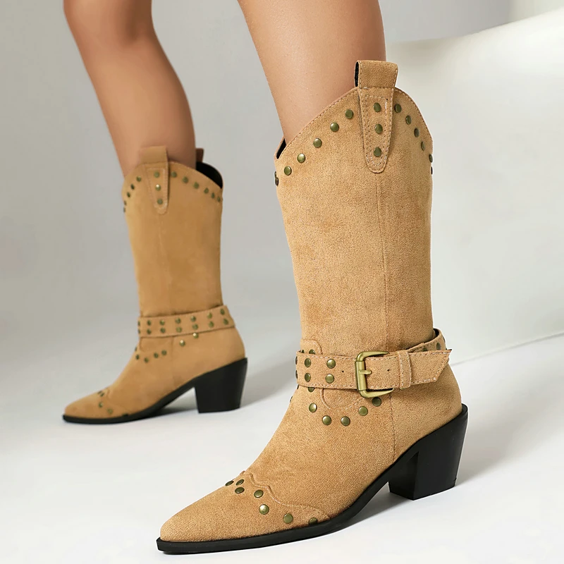 big-size-45-46-faux-suded-pointed-toe-chunky-high-heels-women-mid-calf-western-boots-with-studded-rivets-buckle-belt-goth-shoes