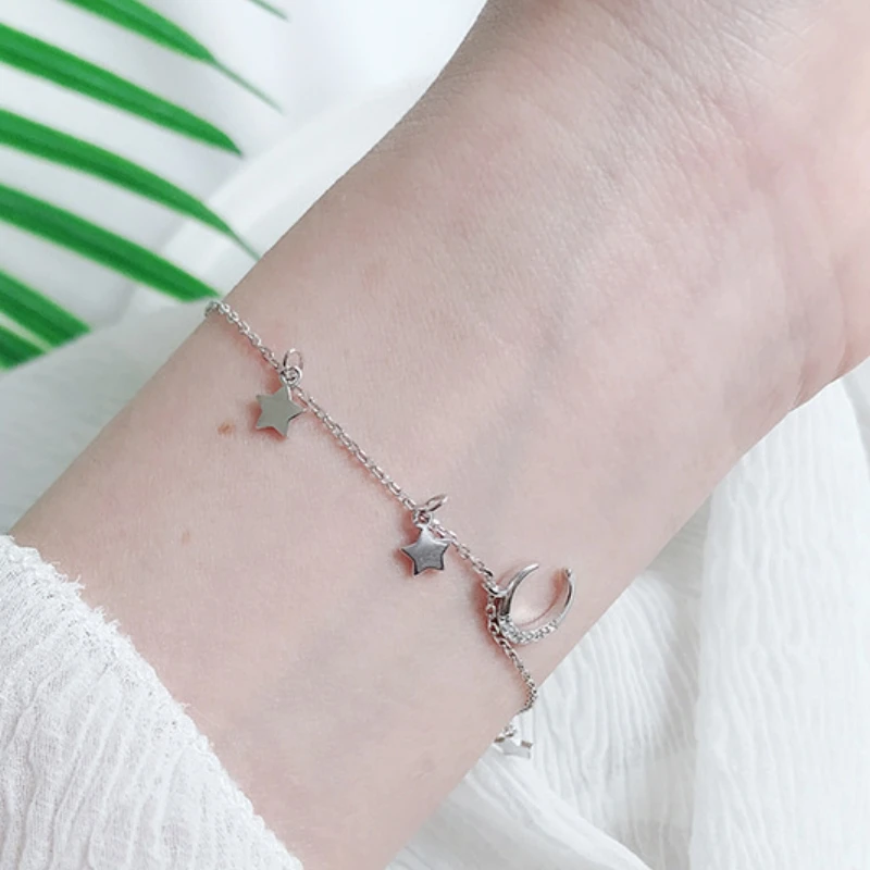 ANENJERY-الزركون القمر ونجمة قلادة سلسلة أساور للنساء ، بسيط اليد مجوهرات ، الاكسسوارات العصرية ، هدايا عيد للفتيات #4