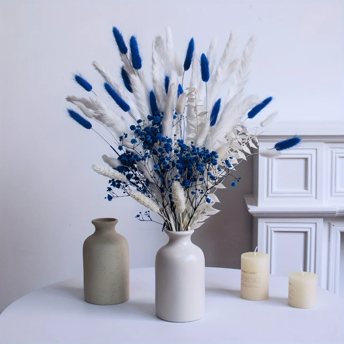 65 Pieces Bohemian Chic Artificial Pampas Grass Bouquet with Blue Flowers, Suitable for Weddings, Rustic Style and Home Decor