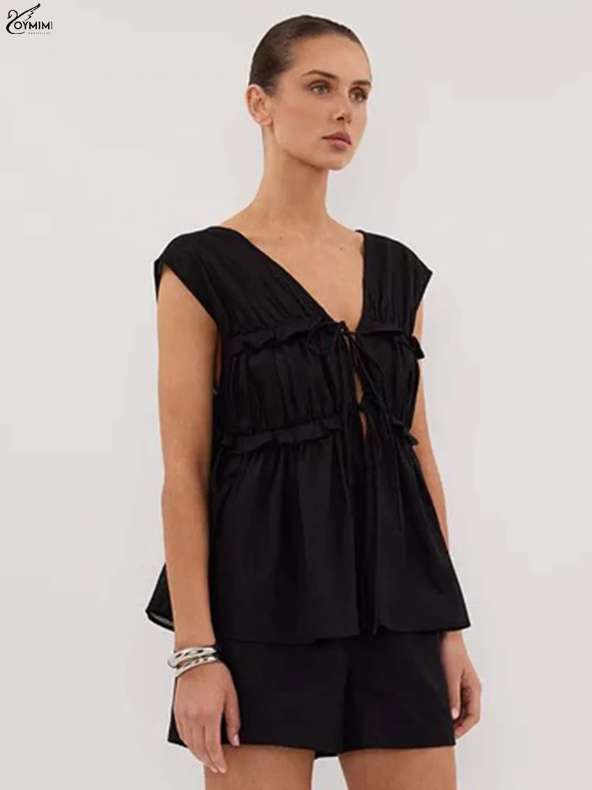 

Oymimi Casual Black Cotton Women's Two Pieces Set Elegant V-Neck Sleeveless Ruffled Lace-Up Shirts And Drawstring Shorts Sets