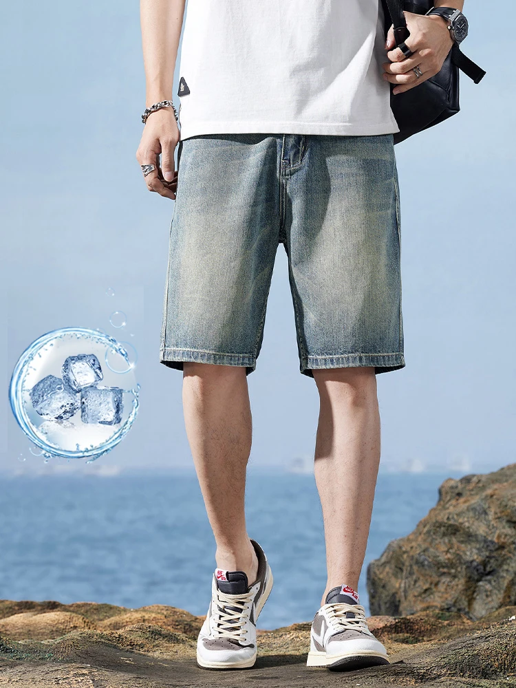 

2025 Summer Thin Men's Denim Shorts Retro Straight Fitted Fashion Korean Youth Knee-length Washed Cotton Short Jeans Man Clothes