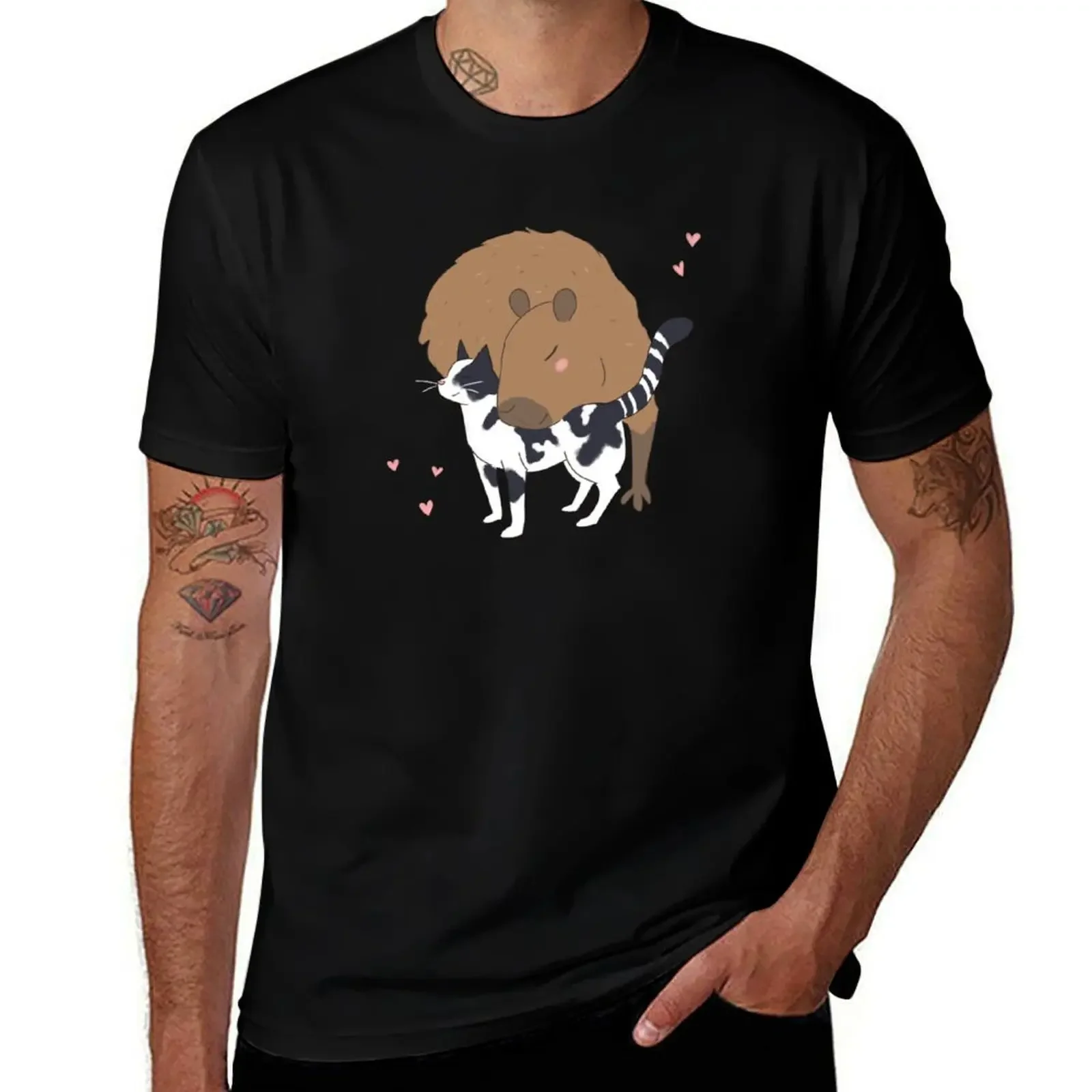 

cute capybara cartoon with a cat friend - adorable cat and capybara friends T-Shirt hippie clothes Funny t-shirts Men's t shirts