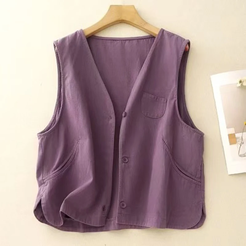 Vintage Women's Summer Sleeveless Cotton Jackets V-neck Button-Up Beige Black Brown Purple Vest Elegant Ladies Waistcoat Shrug