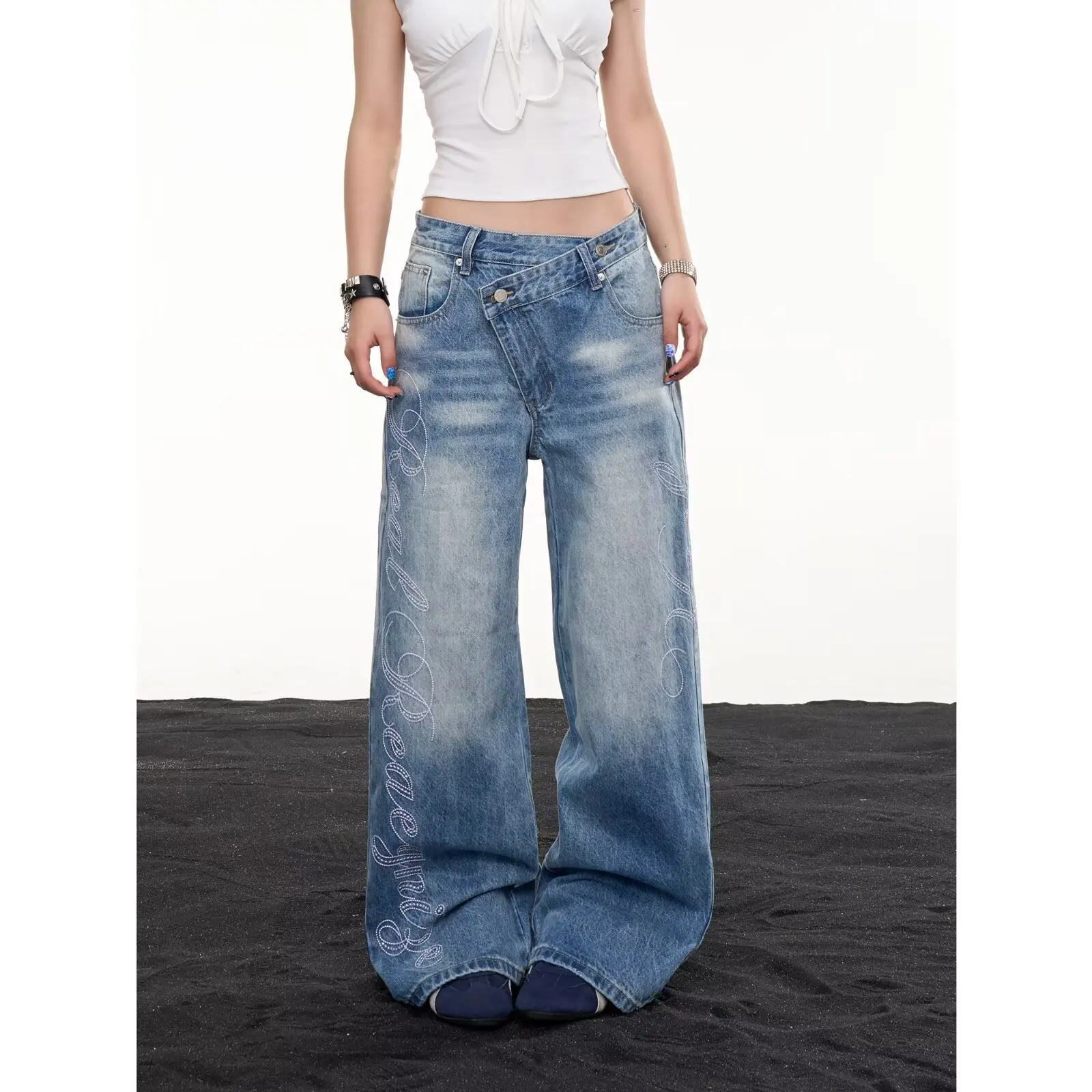 Calças Jeans Azuis Largas Femininas Estilo Grunge Abi, Calças Jeans de Corte Amplo, Streetwear Y2K, Jeans Japoneses Harajuku, Punk Retro Americano dos