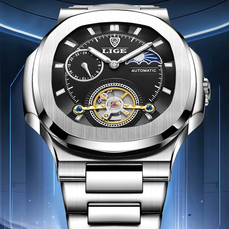 

LIGE Men's Mechanical Watches Top Brand Luxury Waterproof Sport Automatic Watch For Men Fashion Moon Phase Tourbillon Men Watch