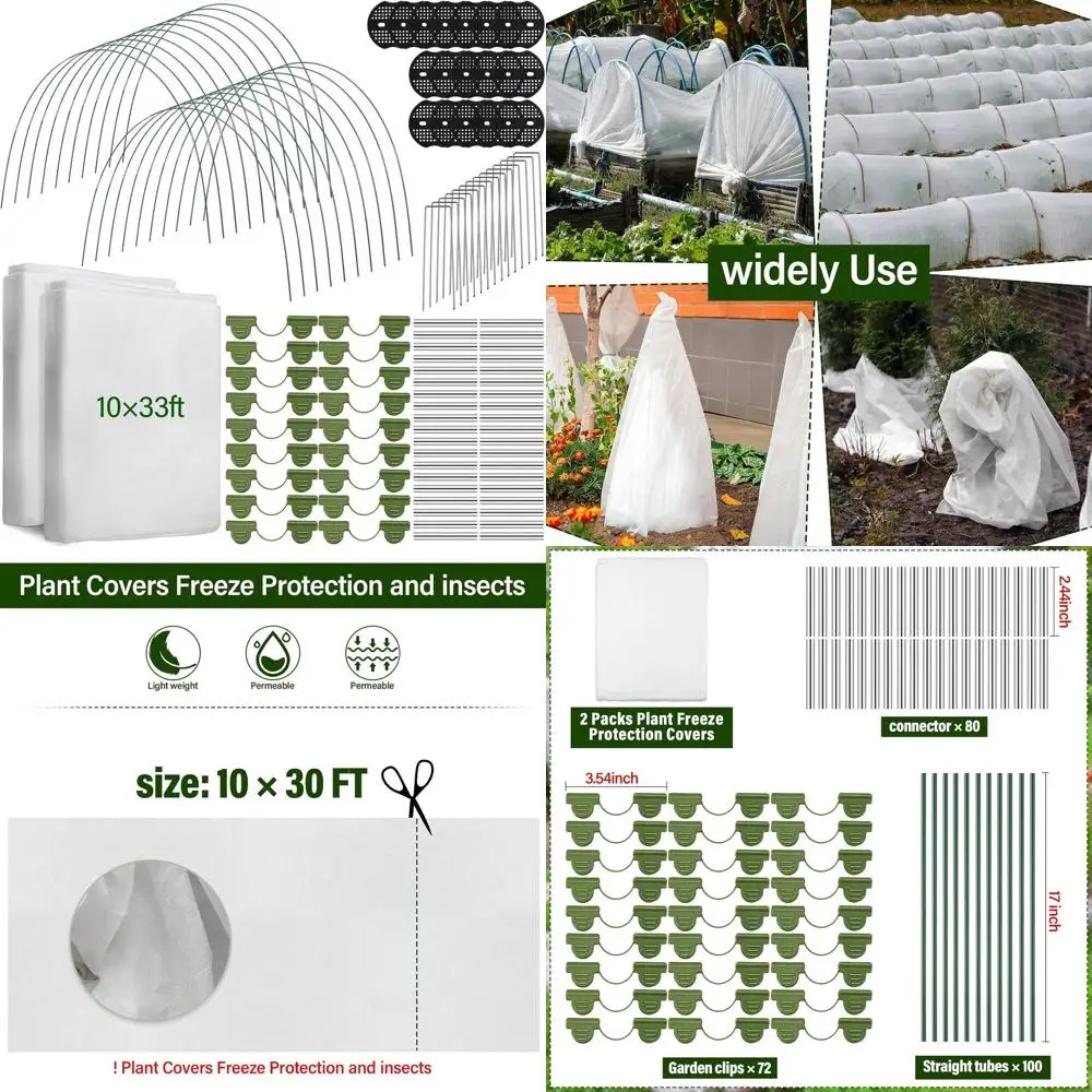 

Winter Plant Protection Kit: 100 Garden Hoops, 72 Clips, 80 Connectors, Grow Tunnel, 10x33ft Frost Cloth for Raised Beds