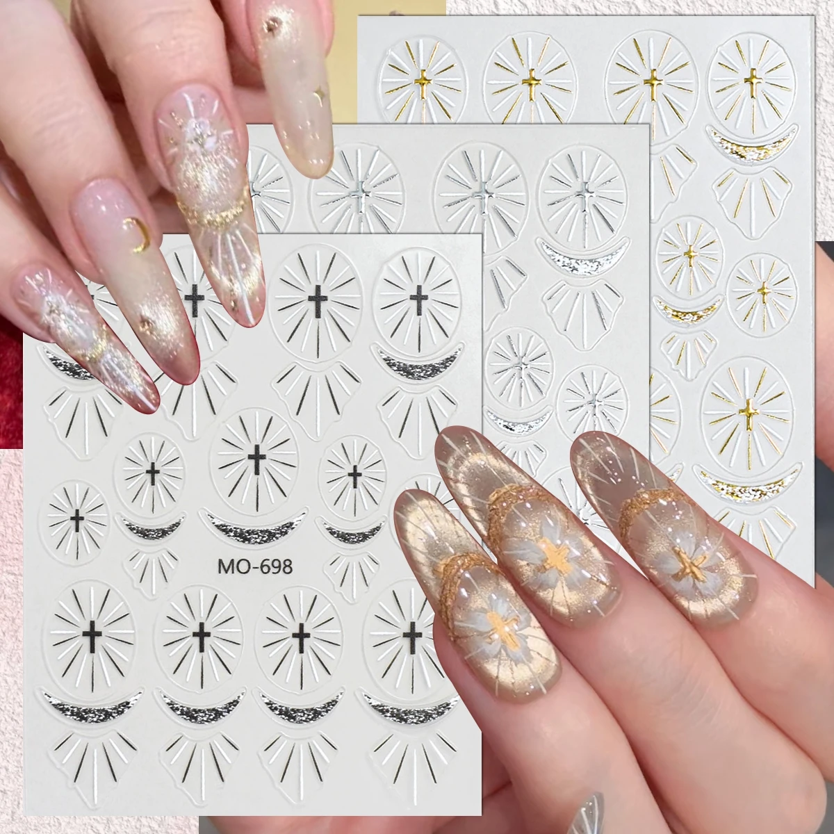 

3/6 Sheets 5D Cross Moon Nail Stickers Gold Silver Celestial Self Adhesive Religious Sunburst Nail Decals