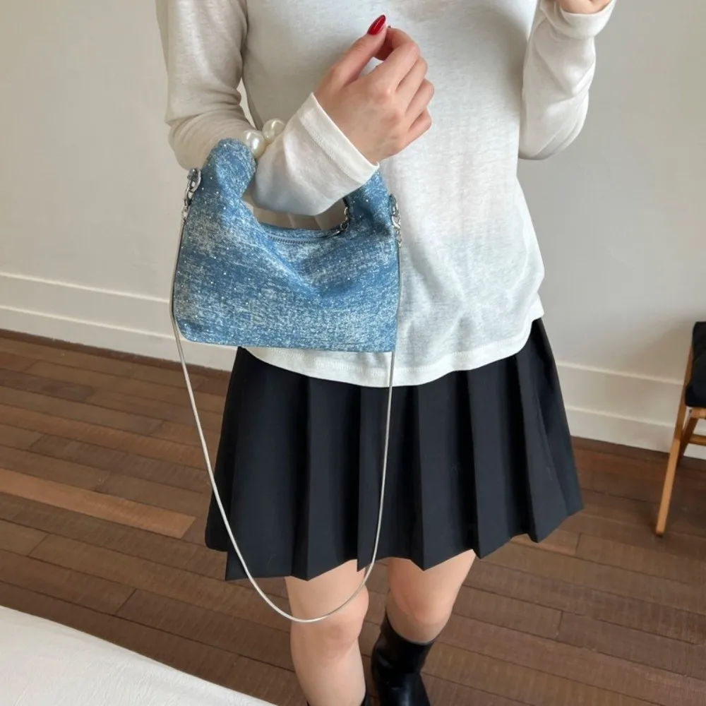 

Elegant Korean Pearls Denim Bag Small Square Denim Crossbody Bag Rhinestones Casual Women's Handbags Party
