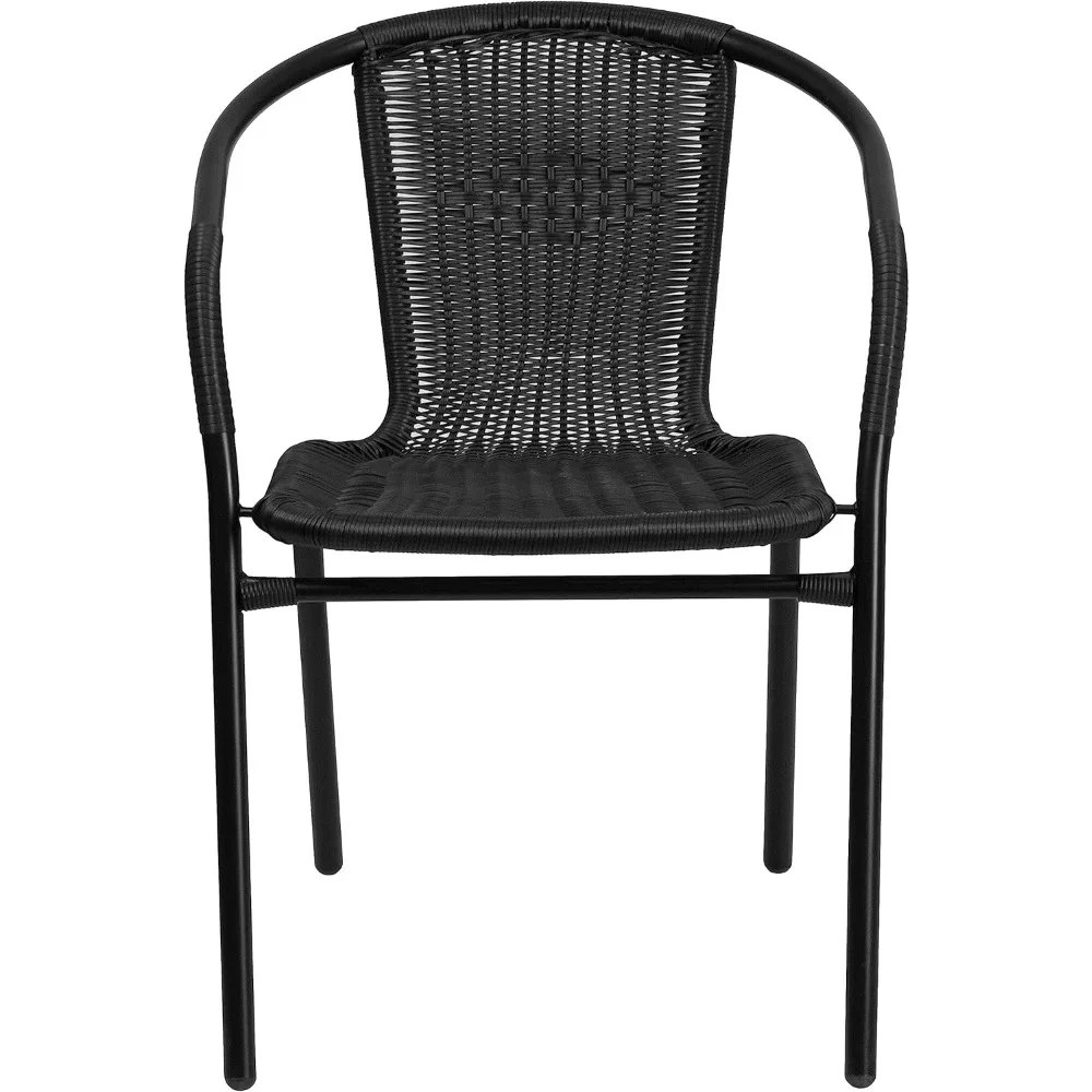 2 Pack Black Rattan Indoor-Outdoor Restaurant Stack Chair with Curved Back