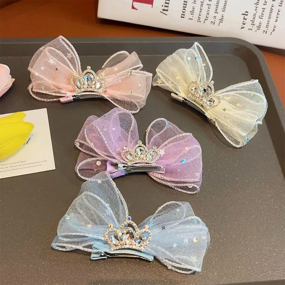 

4pcs/lot Girls Hair Clip Organza Bow Hairpins Kids Barrettes Diamond Crown Hairpins Children Princess Baby Hair Accessories HP01
