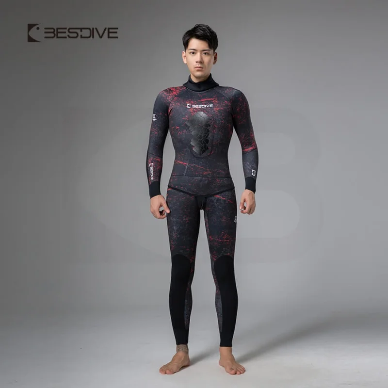 

Bestdive Men's Spearfishing Wetsuit 9mm Neoprene 2-Piece Camouflage Scuba Diving Suit Full Body Warm Hooded for Freediving