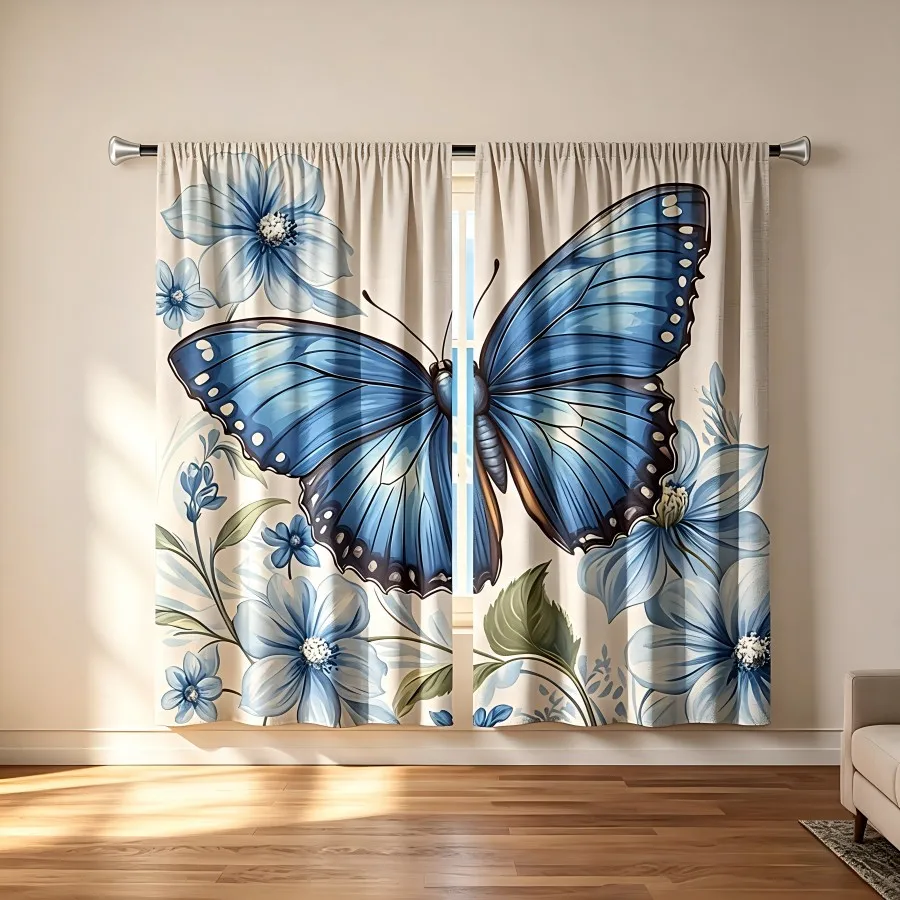 2PCS Digital Print  Curtain, Watercolor Blue Butterfly, Cute Cartoon Pattern  Curtain for Kids Room Bedroom Decor