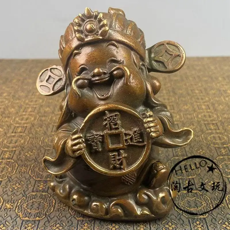 Old hand-caved Pure copper Smiling little god of wealth head statue