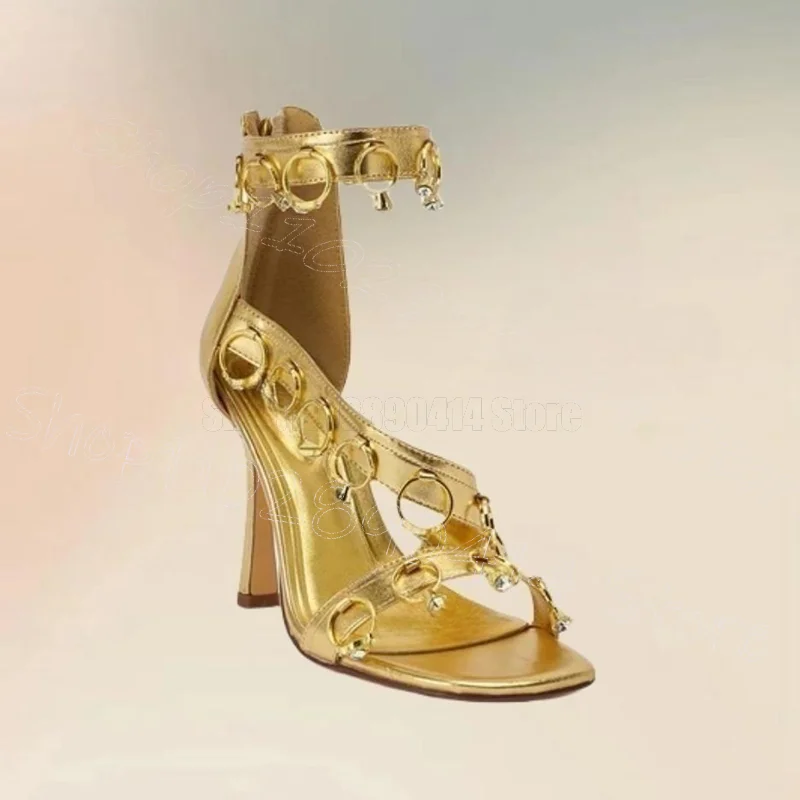 

Yellow Metal Circle Design Open Toe Sandals Back Zipper Women Shoes Thin High Heels Party Feast Dating 2025 Zapatos Para Mujere