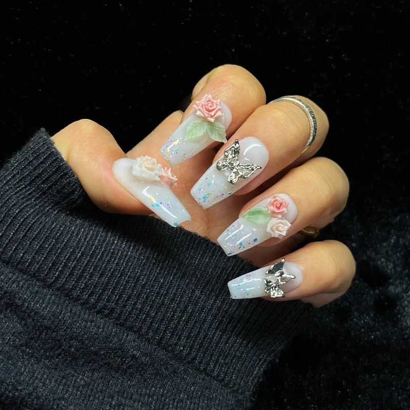 

10PCS Simple Shiny Sequin French Press on Nails Handmade Sweer Roses Metallic Silver Buterfly Decor Medium Coffin Fake Nails Tip