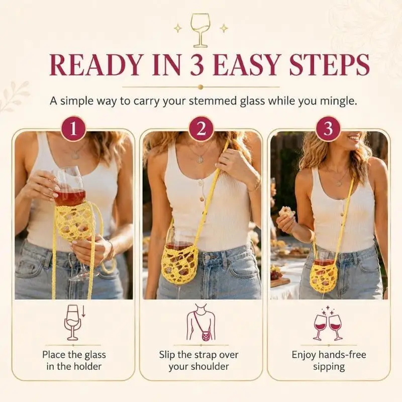 1Pcs Portable Knitted Crochet Wine Glass Crossbody Holder Hollow Knitted Wine Cup Sling Sleeve With Shoulder Strap Goblet Carry