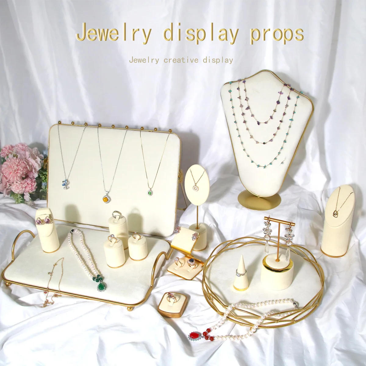 

Beige Suede Metal-Edged Jewelry Display Pops: Rings, Stud Earrings, Necklaces, Pendants, Display Stands, And Accessory Racks