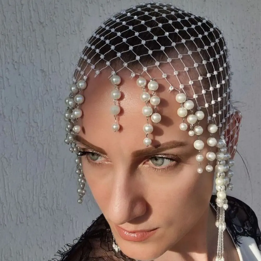 Soft And Secure Pearls Tassels Hair Hat Exquisite Hollow Out Designs Pearls Tassels Headwear Handmade Women Hat For Ladies