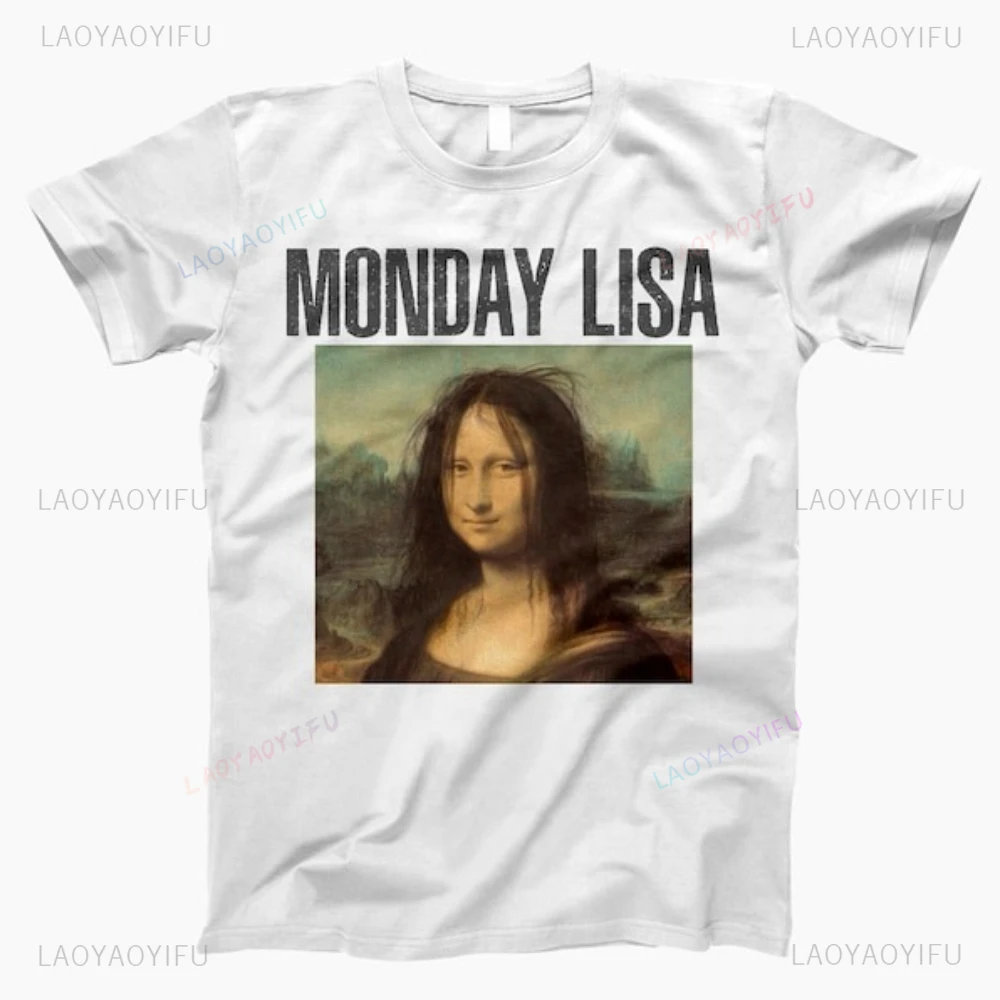 مضحك الاثنين الموناليزا رجل امرأة عالية الجودة القطن الجرافيك تي شيرت الصيف الكلاسيكية س الرقبة موضة عادية في الهواء الطلق قصيرة الأكمام
