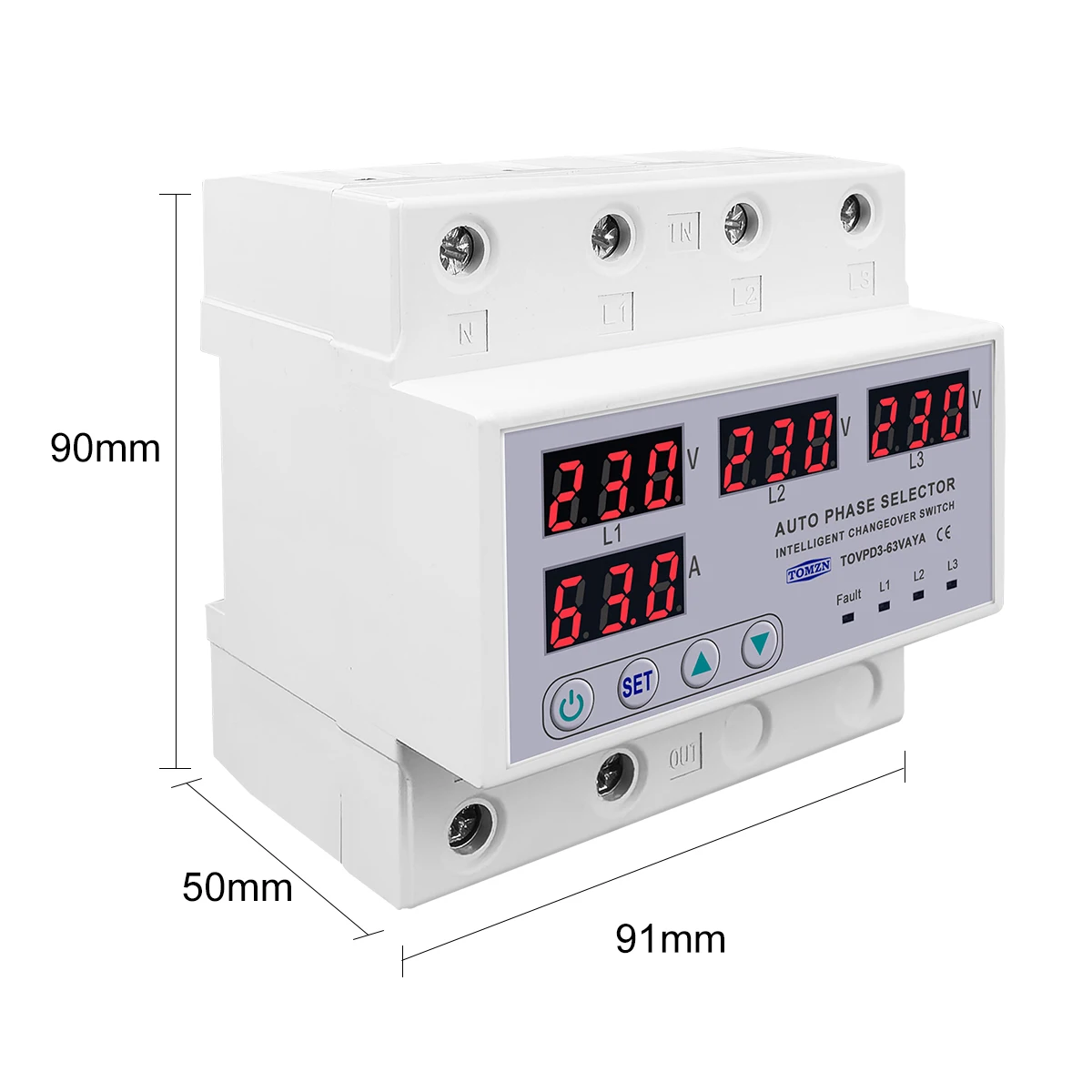 63A TOMZN 3 Phase 3P+N DIN Rail Phase Selector Adjustable Over And Under Voltage Current Protection Monitor Relays Protector