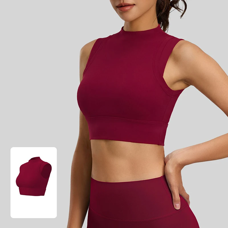 

2026 New Women Mock Neck Sports Vest Double-sided Fabric High Stretch Fixed Cup Shockproof Push Up Yoga Bra for Pilates Fitness