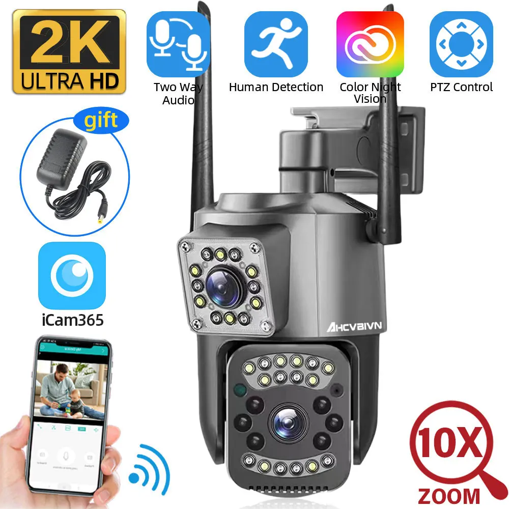 

2K Outdoor WIFI Dual Lens Camera 4MP 10X Zoom Two Way Audio Security Protection Waterproof Wireless PTZ IP Camera ICAM365 APP