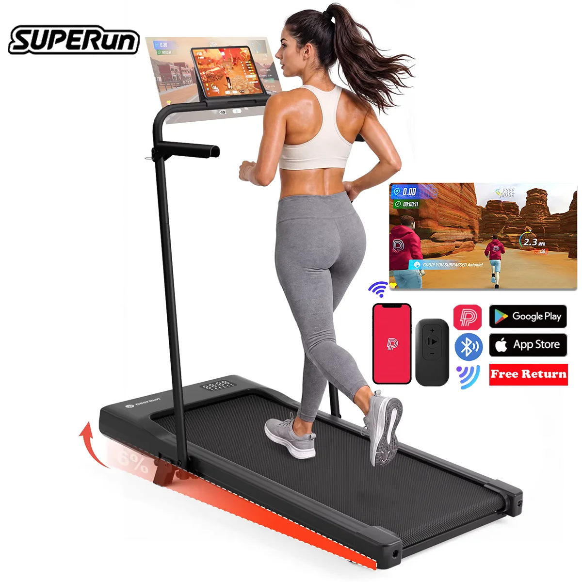 Superun 300 lbs Tragfähigkeit 2,5 PS 2-in-1 Tragbares Laufband für Zuhause mit Fernbedienung LED-Display Walking Pad Laufband