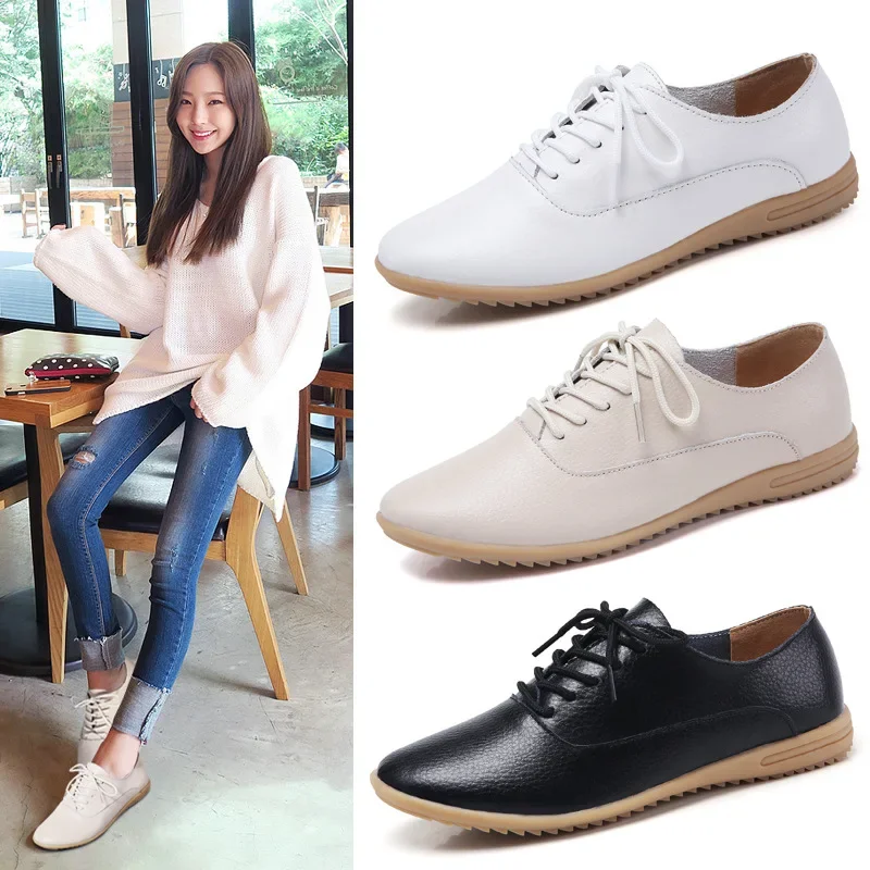 Spring Oxford Shoes Ballerina Flats Genuine Leather Moccasins Lace Up Loafers White Zapatos De Mujer Sneakers Tenis De Moda Traf