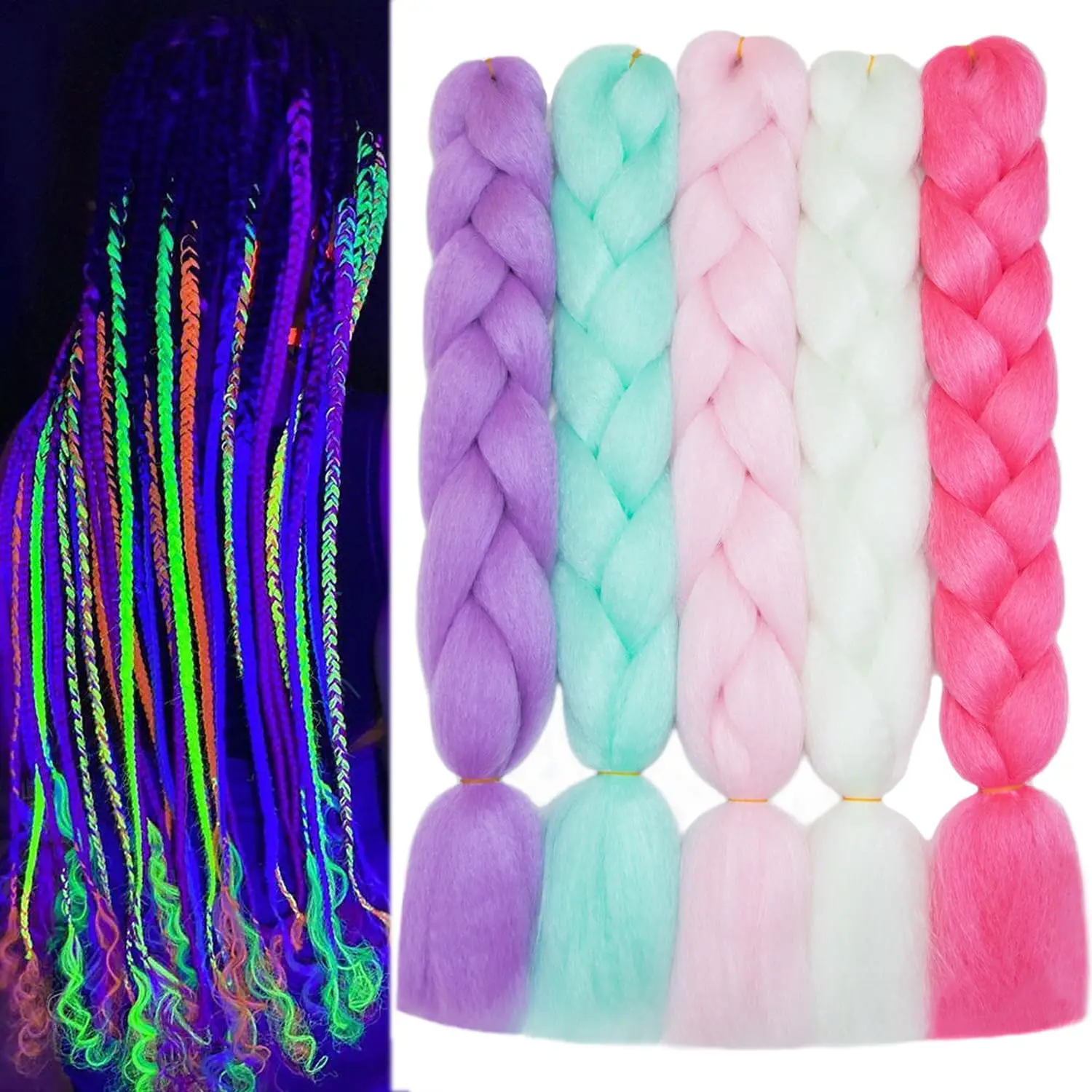 Extensiones de cabello trenzado de colores navideños, cabello Jumbo que brilla en la oscuridad, 24 pulgadas, 3 paquetes, 100 g/paquete, arcoíris sintético Multicolor