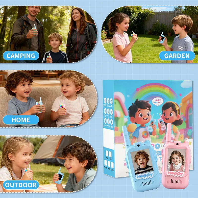Walkie talkies de vídeo para crianças, 2 pacotes, recarregável, tela de alta definição de 2 polegadas, trocador de voz para crianças, gadgets, tecnologia, presente