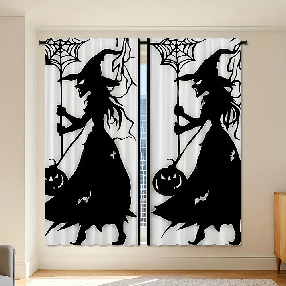 Spooky Halloween Witch Curtains Black Silhouette Gothic Fall Window Drapes Pair Scary Seasonal Home Decor