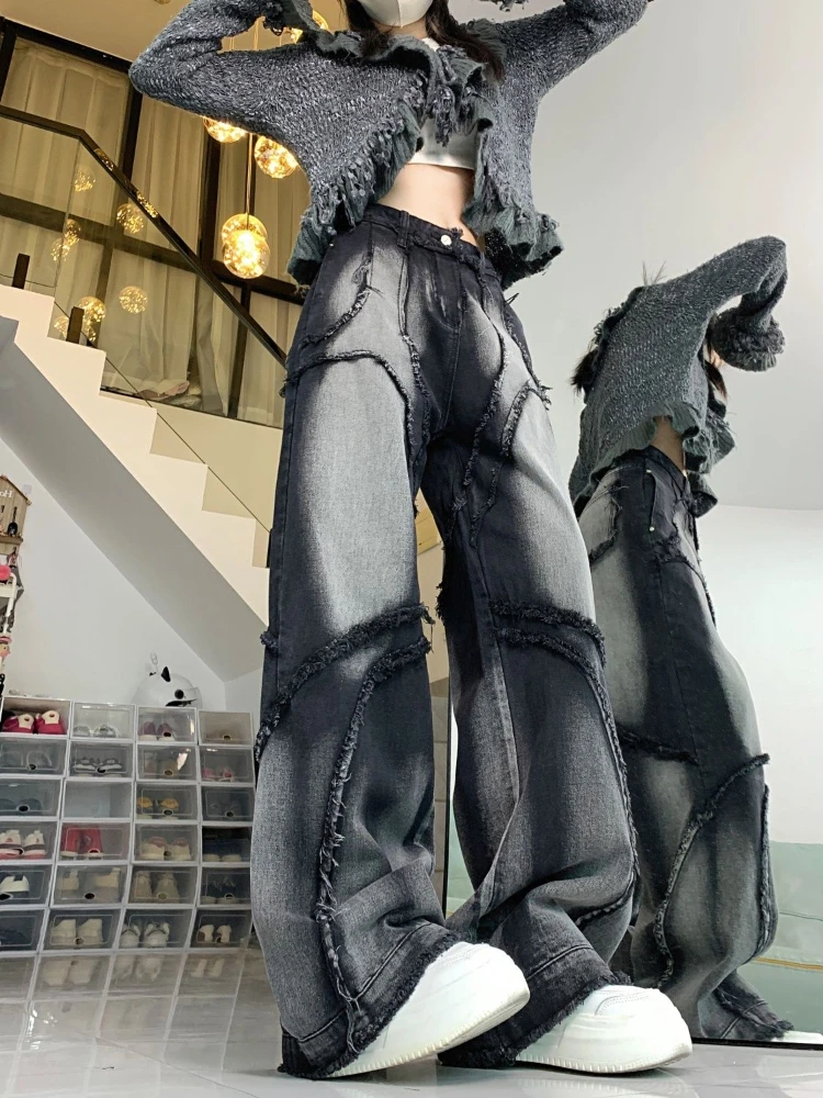 Deeptown Y2k Vintage Jeans Women Wide Leg Pants High Waist Hip-hop Streetwear Black Trouser Retro Baggy Denim Pants Aesthetics