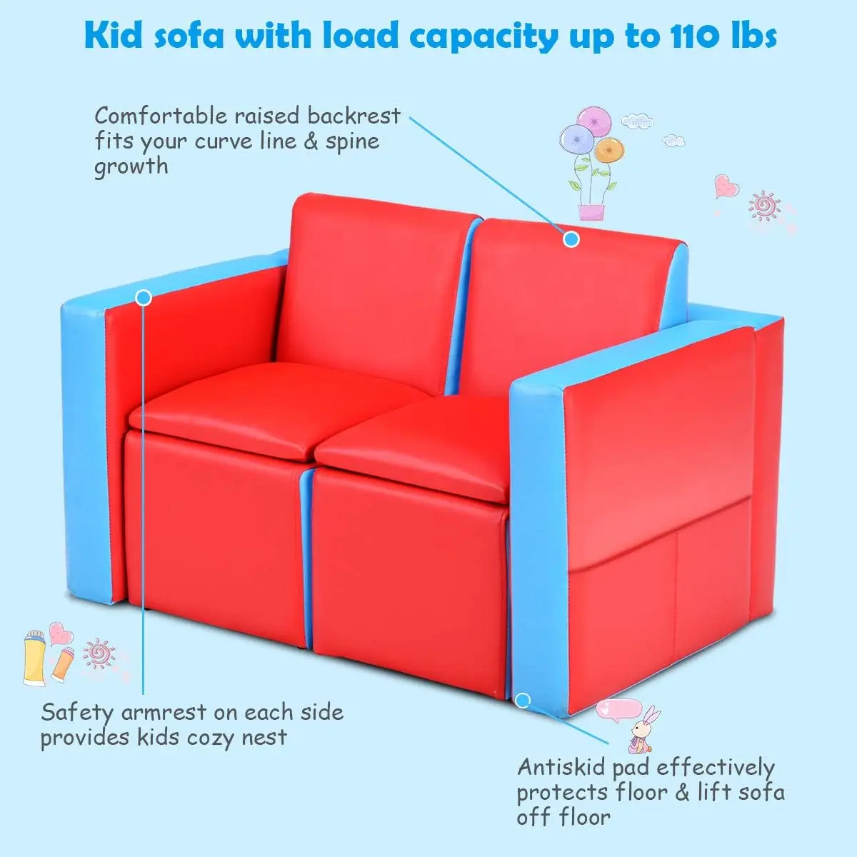 Sofá para niños, sofá para niños 2 en 1 de doble asiento convertido en mesa y dos sillas para la escuela, espacio de almacenamiento, superficie de PVC, L