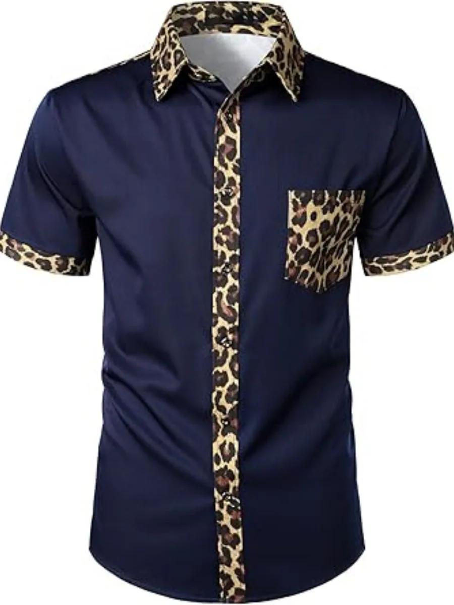 

New men's leopard print patchwork short-sleeved shirt, casual button-down top, comfortable fabric, fast shipping.