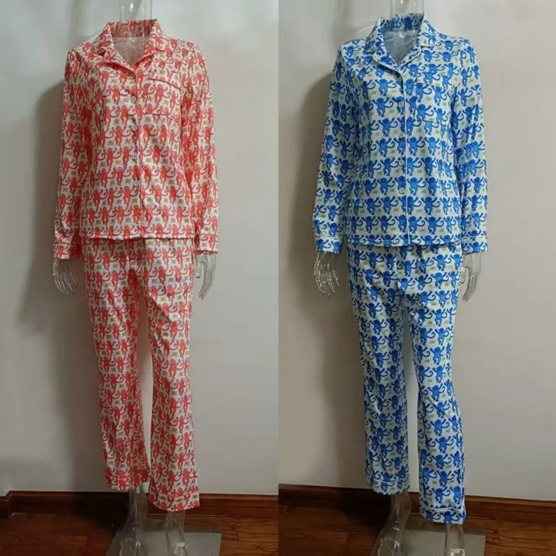 

Пижамы с принтом обезьяны, женские пижамы, комплект из 2 предметов, женская рубашка с отложным воротником и длинными рукавами, брюки, повседневная одежда для сна, домашняя одежда