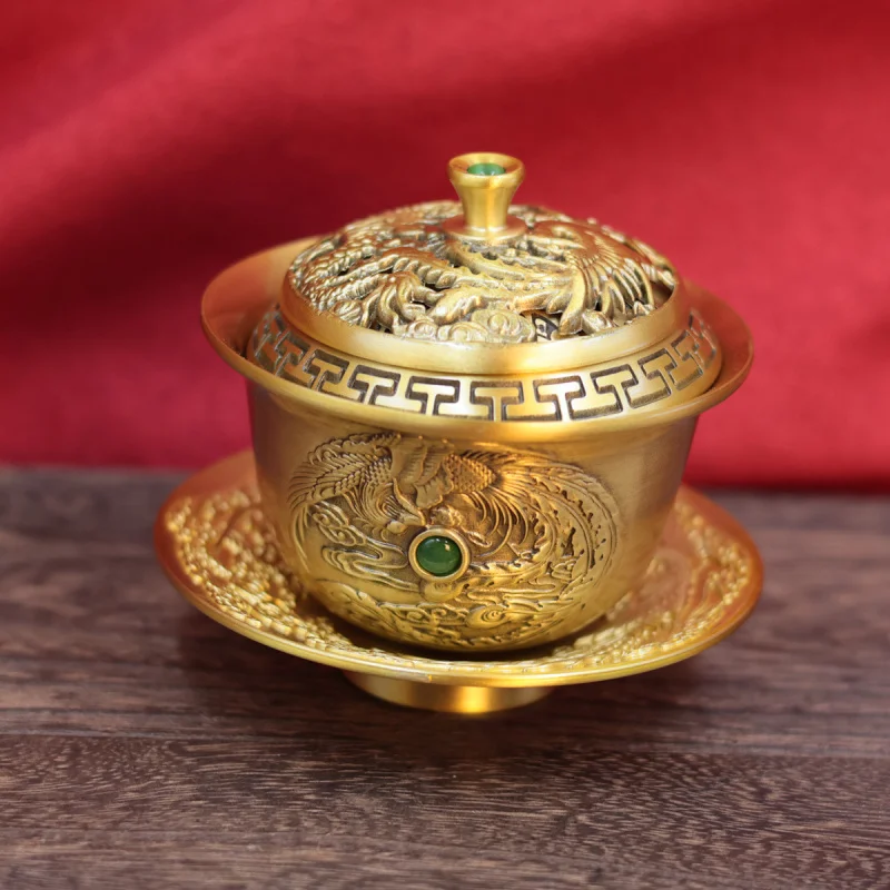 Brass with dragon and phoenix design, three-piece , decorative craft, tea set, copperware, offering bowl, home decor