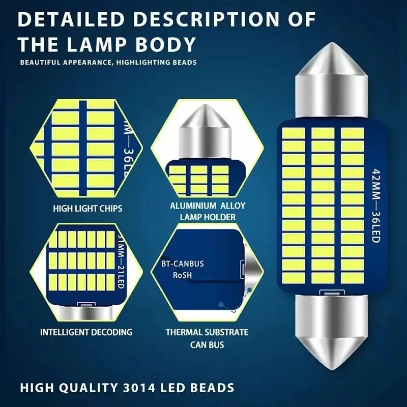 2PCS Car Interior Reading LED Light, C5W C10W 4014 Chips Canbus White Dome Lamp 31-41MM for Reading & Map Light 12V