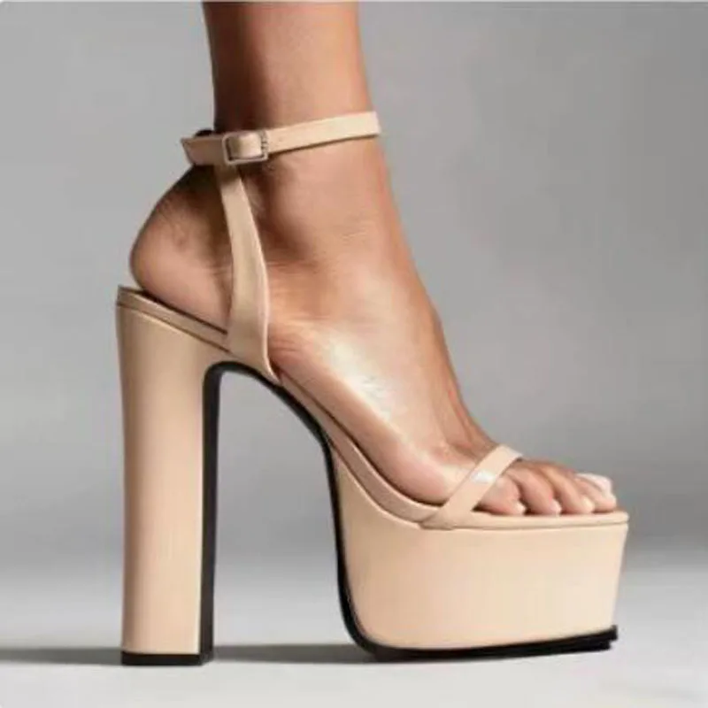 Summer Nude Red Black Patent Leather Square Open Toe Platform Sandals Women One Line Ankle Strap High Heel Shoes Sandals