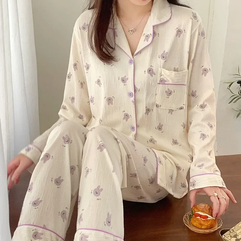 Pigiama donna primavera e autunno Cardigan manica lunga Set carino pizzo stampato panno stropicciato Loungewear Set 2 pezzi pigiama