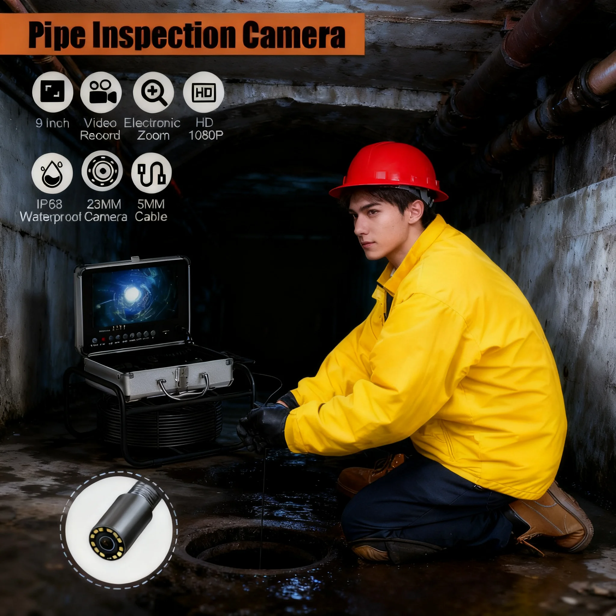 Водонепроницаемая камера для канализации 1080p высокой четкости с автовыравниванием, 12 светодиодными лампами, 9-дюймовым монитором и передатчиком 512 Гц для определения местоположения труб.