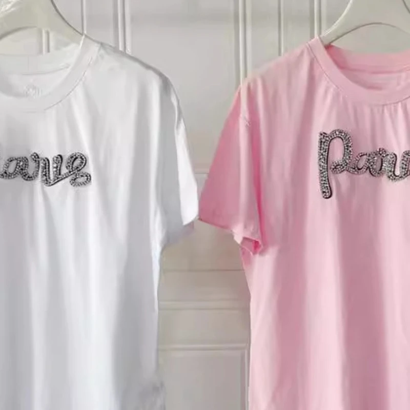 

Футболка с круглым вырезом и короткими рукавами, розовая и белая, два цвета, дополнительная грудь, стразы, декоративный повседневный стиль, лето 25, новый стиль