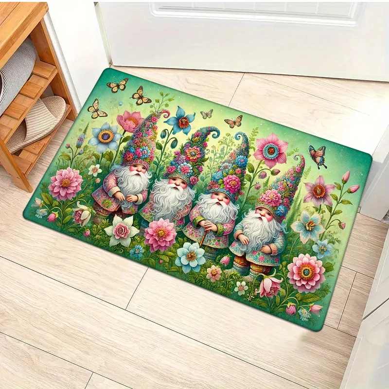 Flannel Spring Summer Garden Four Dwarves Gnomes Goblins Themed Doormat, 0.47inch Thickness - 1pc, Non-Slip Mat Rug, Decorative Gift, Comfortable Floor Mat