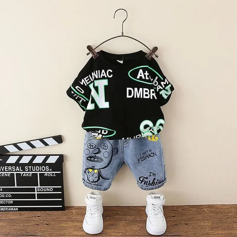 

2-9Y Summer Baby Boy Clothes Set Outfits 2022 Kids Clothing Printed T-shirt + Denim Shorts 2pcs Sets Toddler Casual Fashion Suit