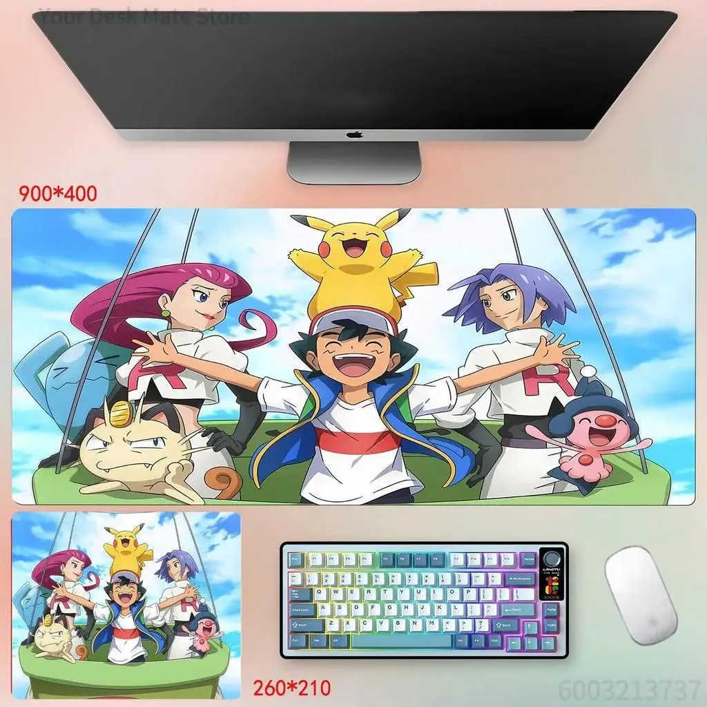 Anime Trainer Adventure Gaming Desk Mat, Ash & Team Rocket Sunset Scene Extended Mouse Pad Non-slip Lock Edge Keyboard Table Mat