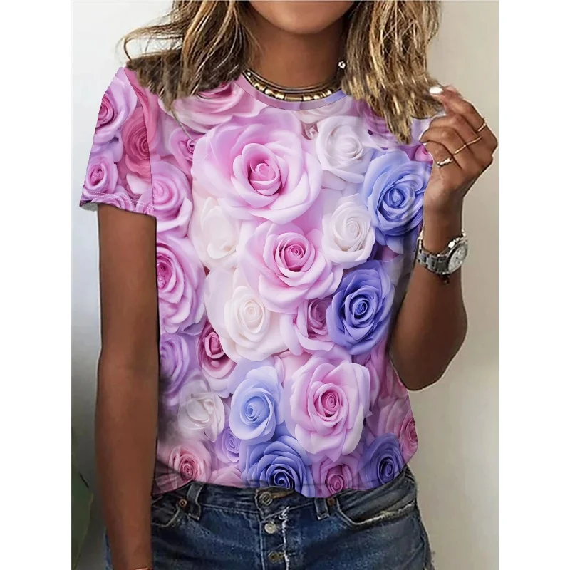 ثلاثية الأبعاد مطبوعة زهرة النباتات تي شيرت للنساء فراشة الجرافيك قصيرة الأكمام الصيف الشارع س الرقبة تيز القمم فضفاض تي شيرت Y2K