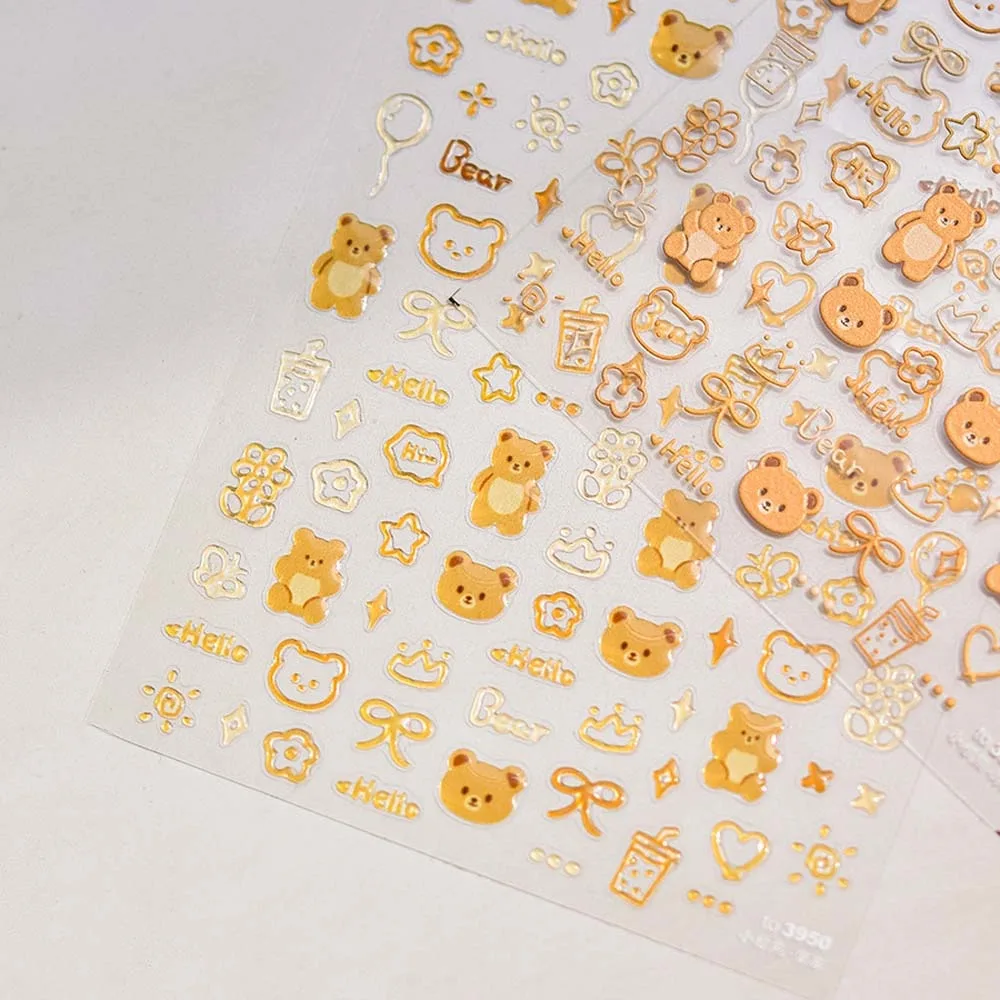 Bowknot Jelly Bear Nail Stickers Flower Pattern 5D Embossed Stickers Jelly Cartoon Nail Decals Brown Bear Nail Supplies